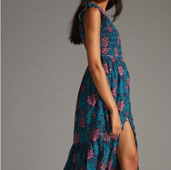 NWOT Anthropologie Peregrine Midi Dress Floral Teal and Pink Sz Meduim - Picture 5 of 16